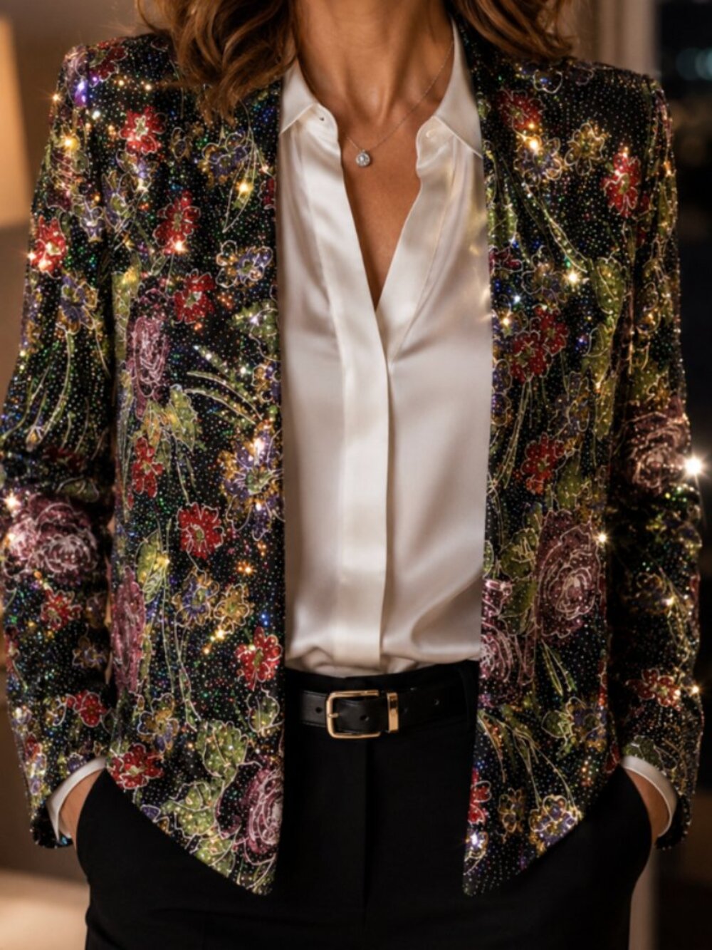 Alex Evenings jacket Women's L Black Multicolor Metallic Floral  SPARKLE PLENTY